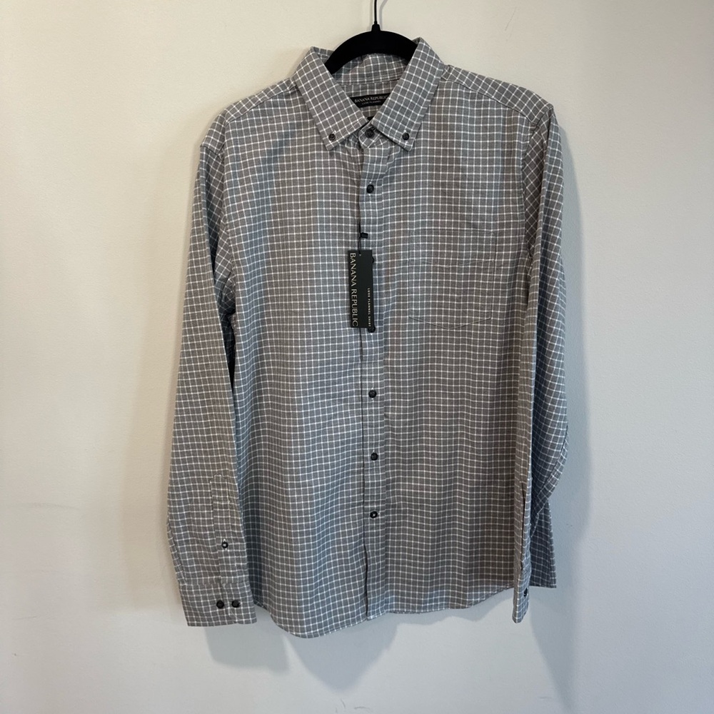 NWT Banana Republic Men's Gray Plaid Thin Flannel Button Down Shirt